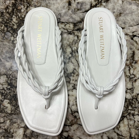 Stuart Weitzman White Braided Leather Thong Sandals